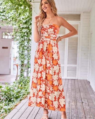 Women's Strapless Pleated Maxi Dress with Pockets