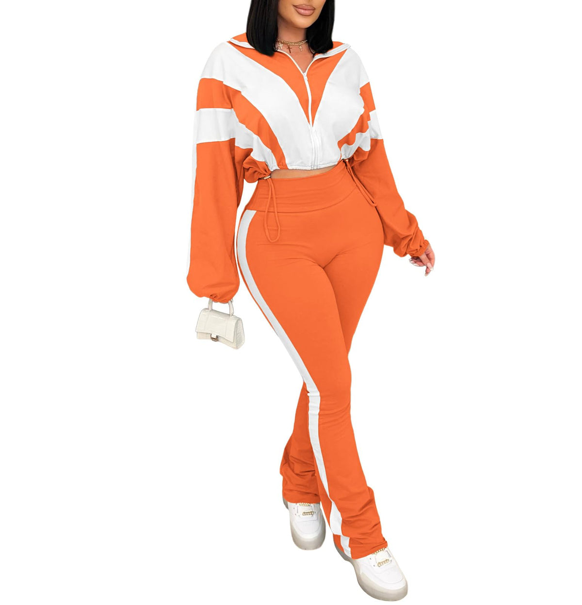 Women's 2 Piece Color Block Zip Jacket and Flare Pants Set