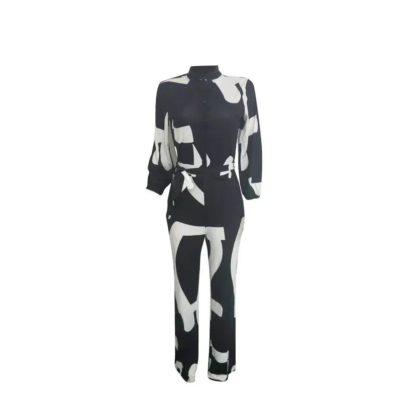 European And American Women's Clothing Elegant Cardigan Stitching Printing Jumpsuit - Dazzling Beauty Solution