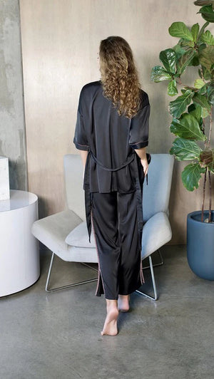 Black Silky 3 Piece Kimono Pajama Sets