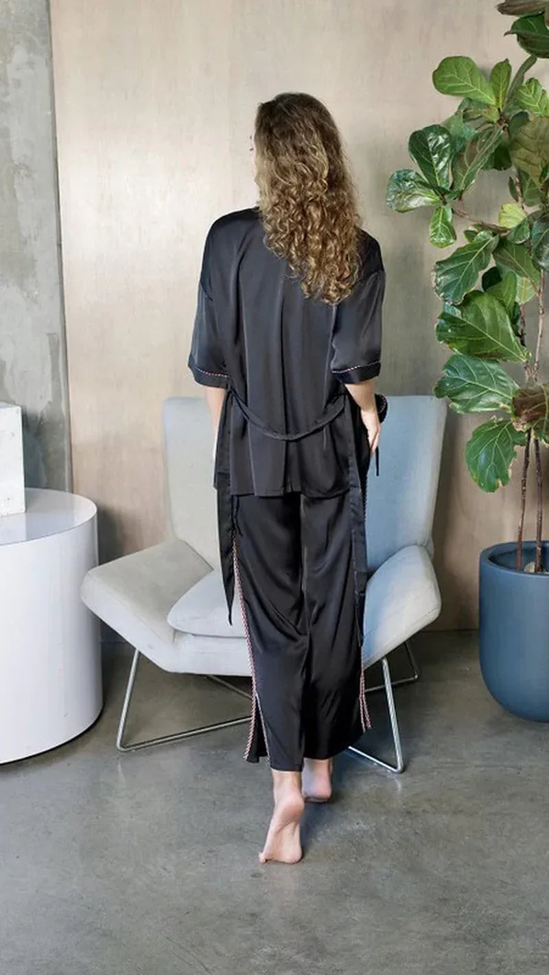Black Silky 3 Piece Kimono Pajama Sets - Dazzling Beauty Solution