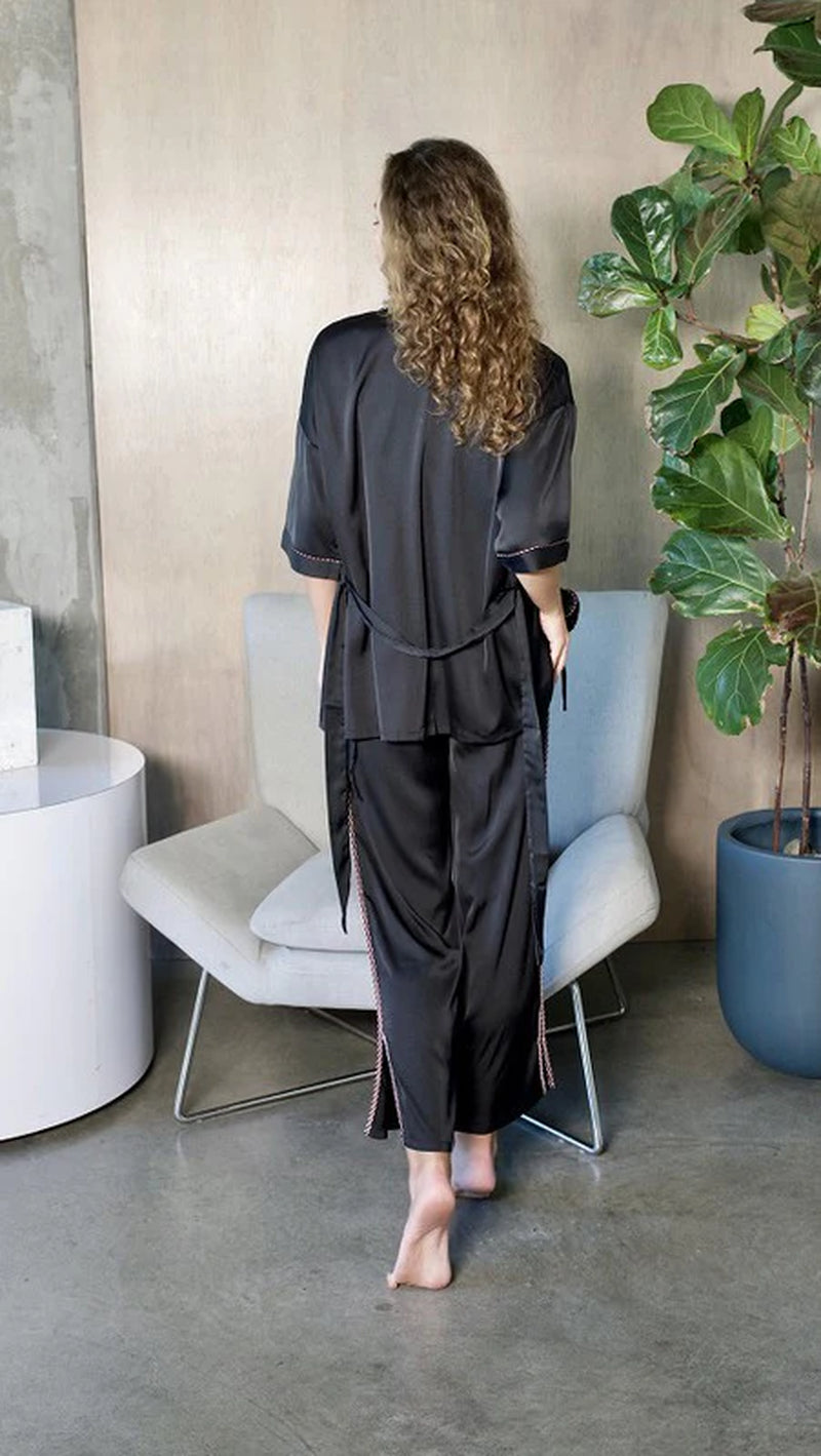 Black Silky 3 Piece Kimono Pajama Sets