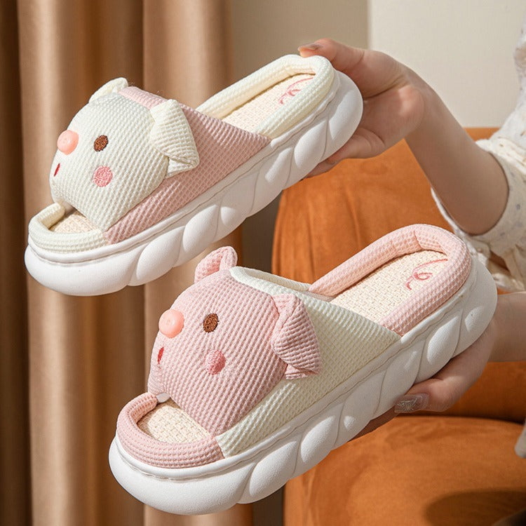 Piggy Cute Couple Open Toe Linen Cotton Linen Slippers - Dazzling Beauty Solution