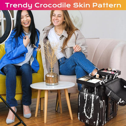 Soft Sided Rolling Makeup Train Case Cosmetic Organizer Crocodile Makeup Case Trolley for Makeup Artist Nail Technician Hairstylist Crafters with Detachable Pouch & Shoulder Strap,Black