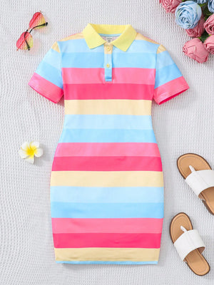 Tween Girls Casual Fitted Striped Color-Block Polo Collar Short Sleeve Knit Dress