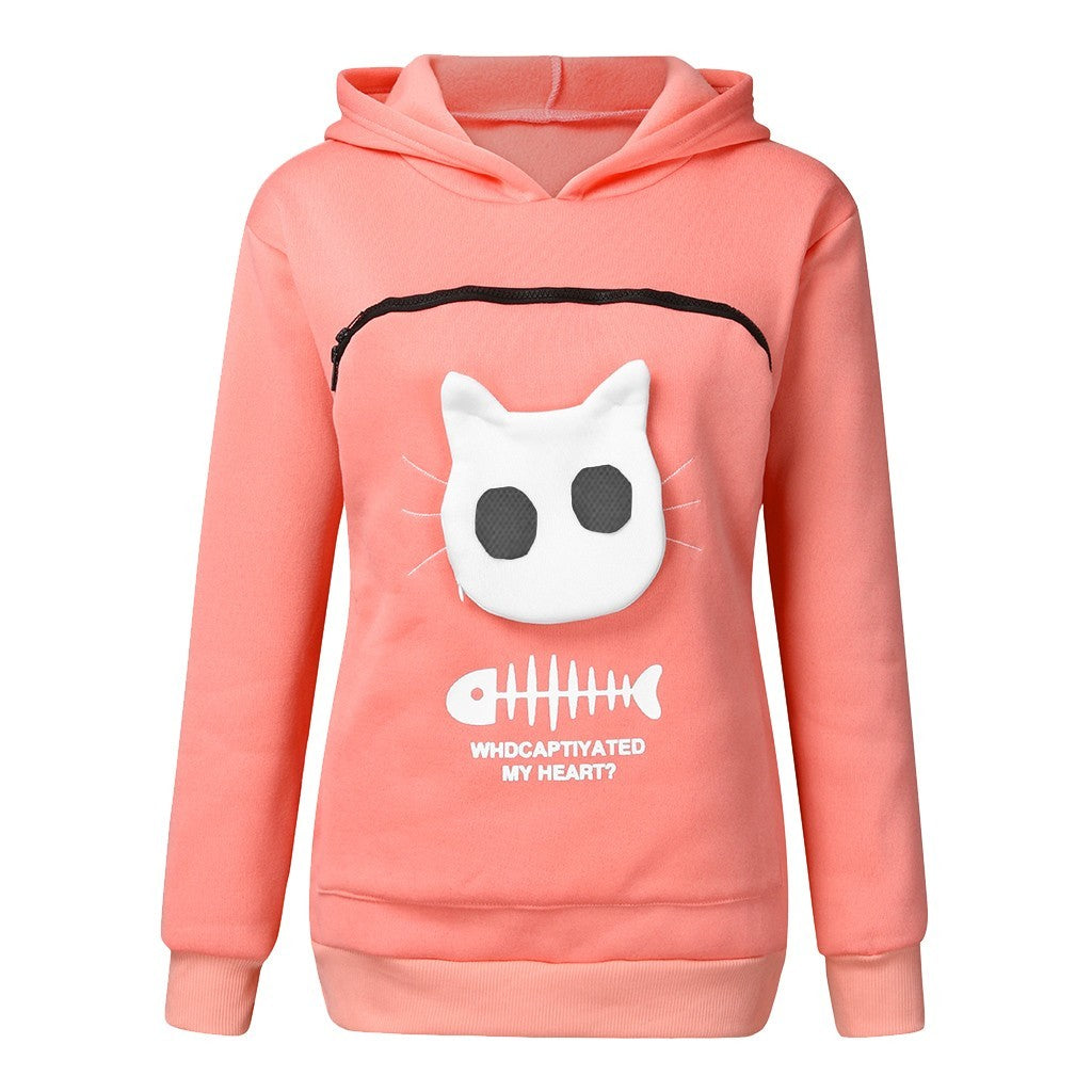 Women Hoodie Sweatshirt With Cat Pet Pocket Design Long Sleeve Sweater Cat Outfit - Dazzling Beauty Solution
