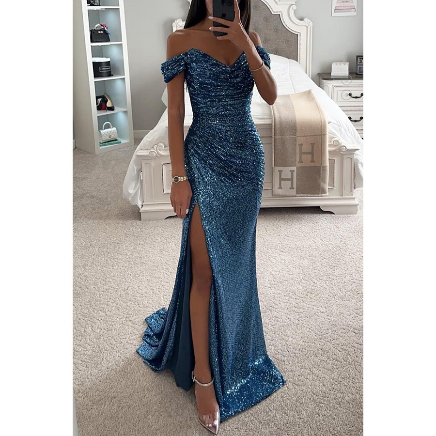 Women's Sequin Off-Shoulder Maxi Dress - Glamorous Party Gown