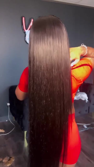 Long Straight Human Hair Wig – Center-Part Bangs, Hand-Woven (12”–32”) - Dazzling Beauty Solution