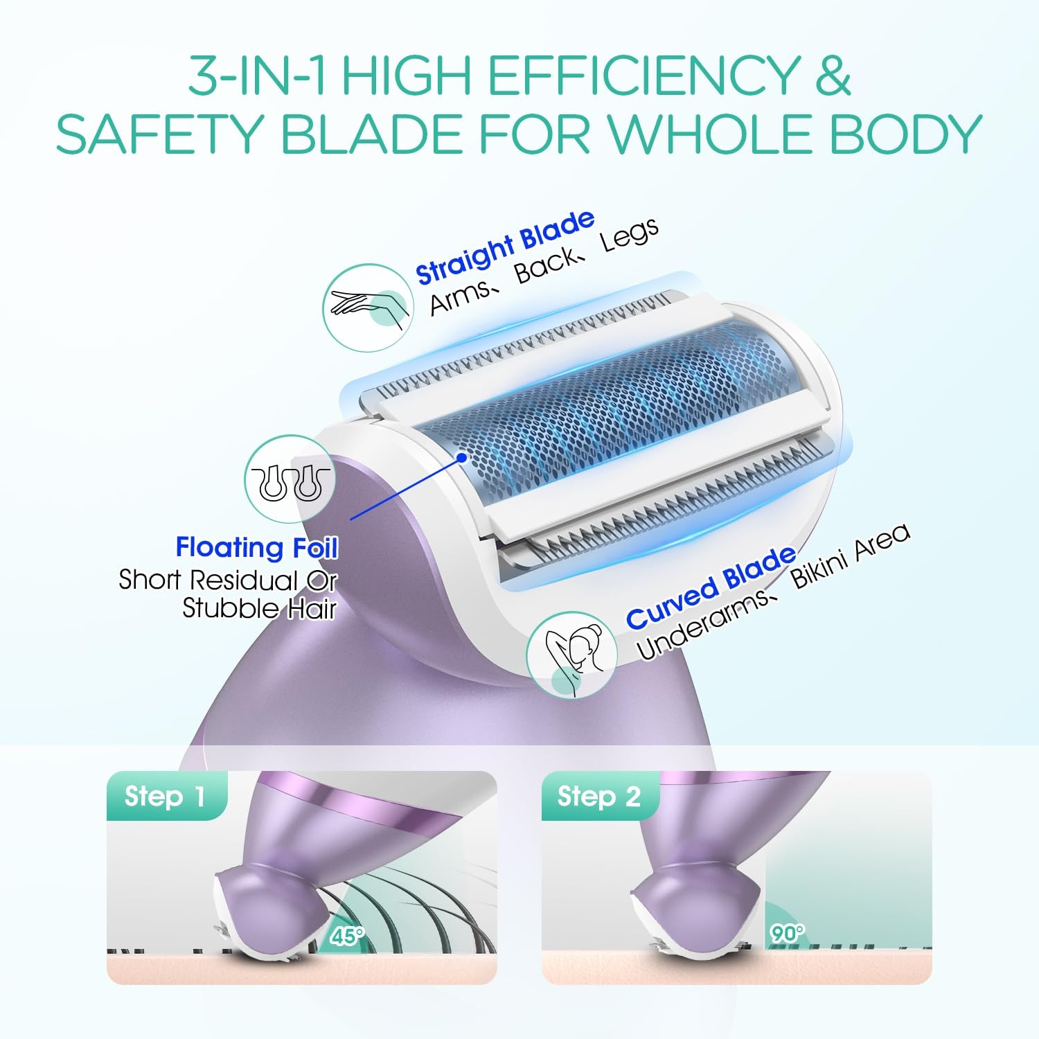 Electric Razors for Women 4 in 1 Bikini Trimmer, Foil Shaver for Women 4 Replacement Heads for Body, Pubic Hair Trimmer, Cleansing, Massage 2 Adjustable Speeds Rechargeable Shaver ES501 (Purple)