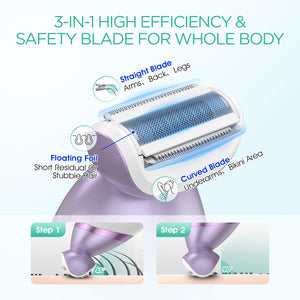 Electric Razors for Women 4 in 1 Bikini Trimmer, Foil Shaver for Women 4 Replacement Heads for Body, Pubic Hair Trimmer, Cleansing, Massage 2 Adjustable Speeds Rechargeable Shaver ES501 (Purple)