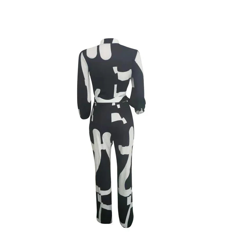 European And American Women's Clothing Elegant Cardigan Stitching Printing Jumpsuit - Dazzling Beauty Solution