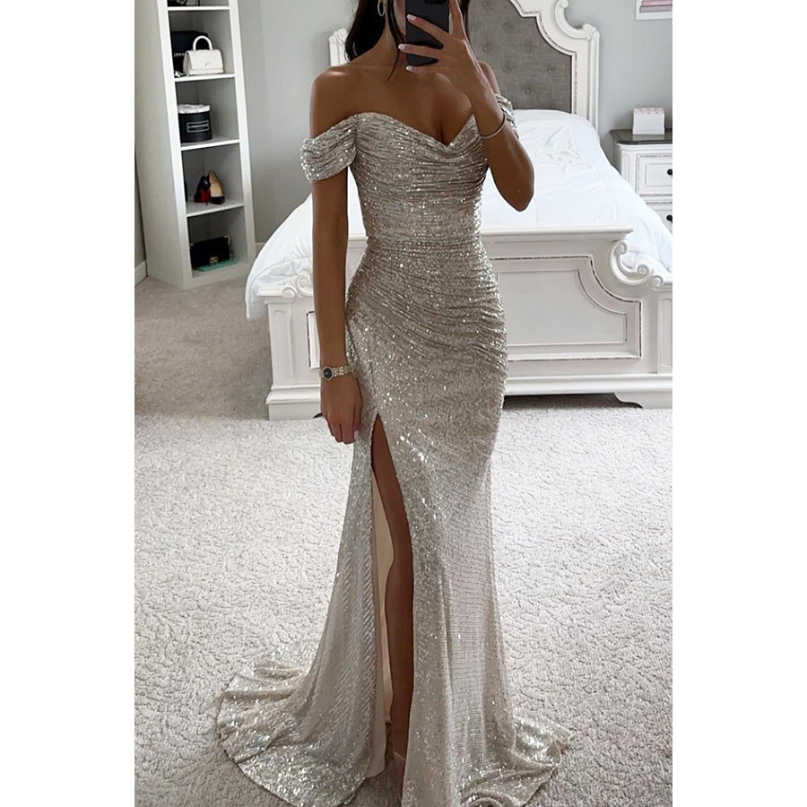 Women's Sequin Off-Shoulder Maxi Dress - Glamorous Party Gown