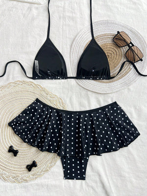 Swim Chiccia Springbreak 2Pcs Women Summer Beachwear Outfits, Polka Dot Spaghetti Strap Top and Ruffled Trim Contrast Colored Bikini Bottoms