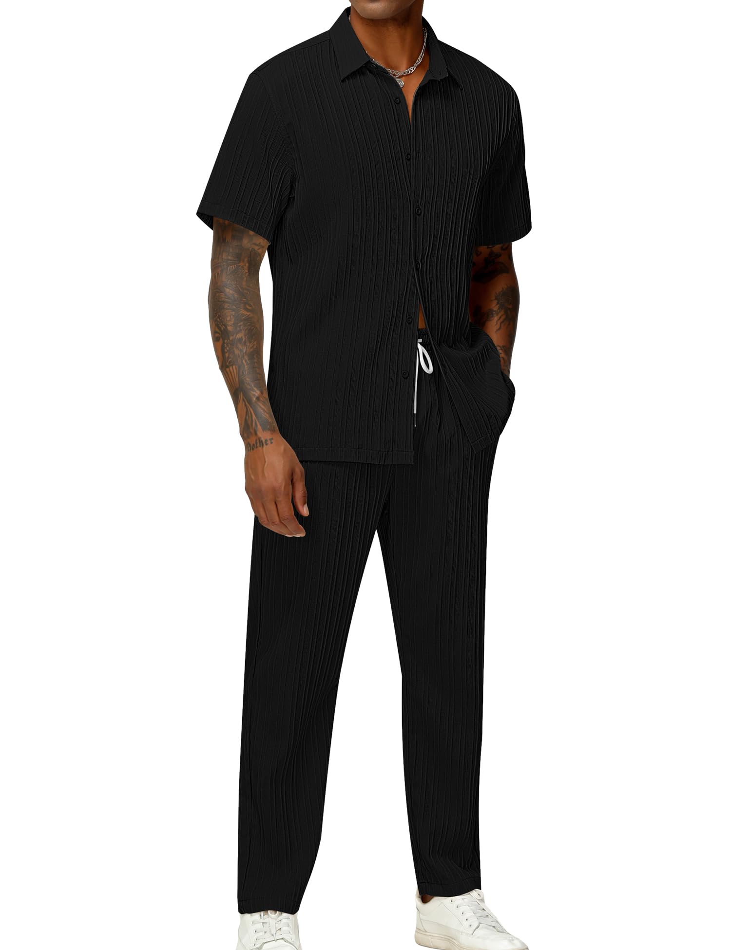 LecGee Men's 2 Piece Vertical Striped Textured Outfits Summer Casual Button Down Shirts And Pants Matching Sets