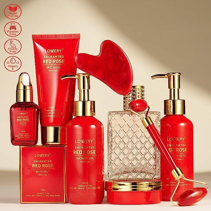 LOVERY Red Rose Luxury Spa Gift Basket – 11-Piece Bath & Body Set with Perfume, Jade Roller & Gua Sha