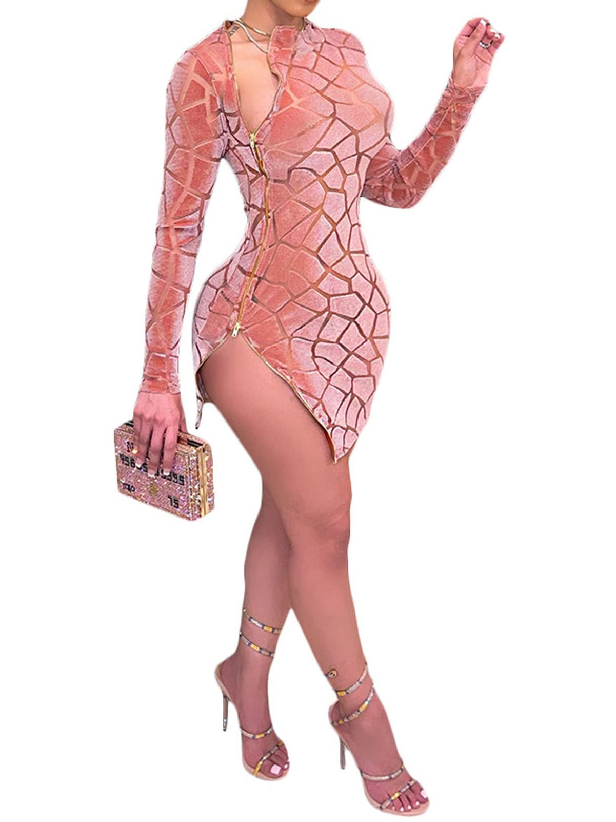 New 2026 Women's Sheer Mesh Bodycon Midi Dress - Printed Long Sleeve Party Dress