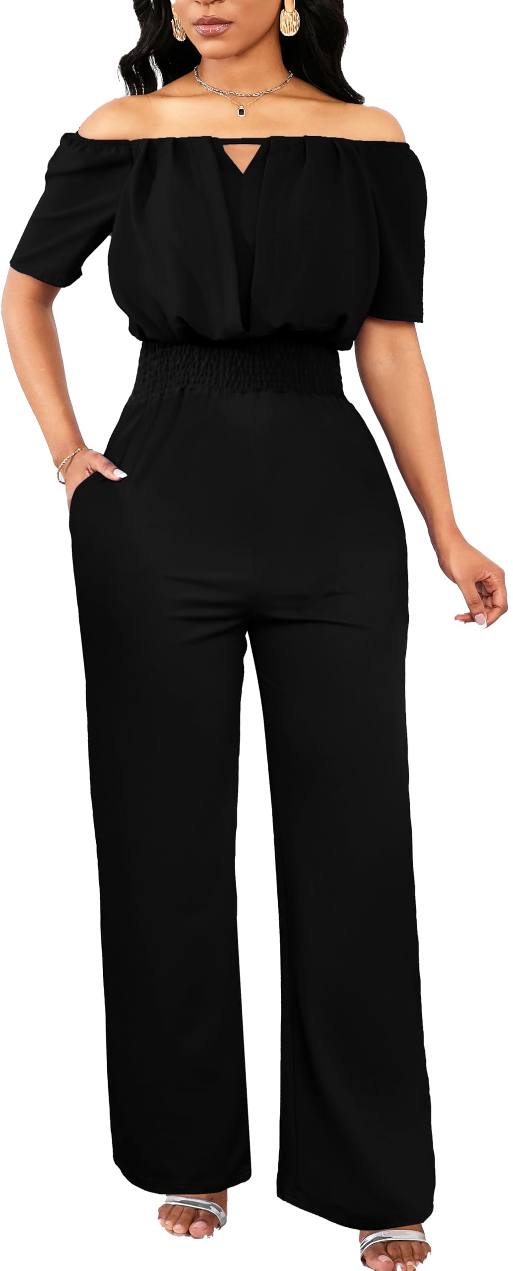 Off the Shoulder Jumpsuit for Women – Elegant Long Pants with Pockets
