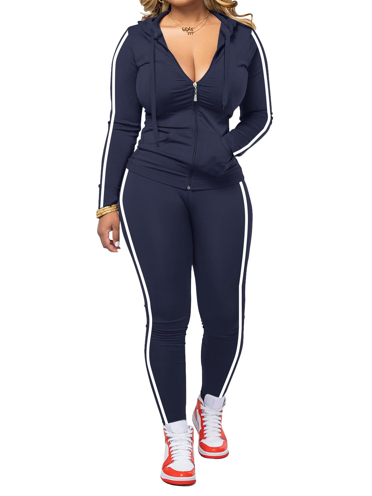 Women's Striped Zip-Up Hoodie and Jogger Pants Set