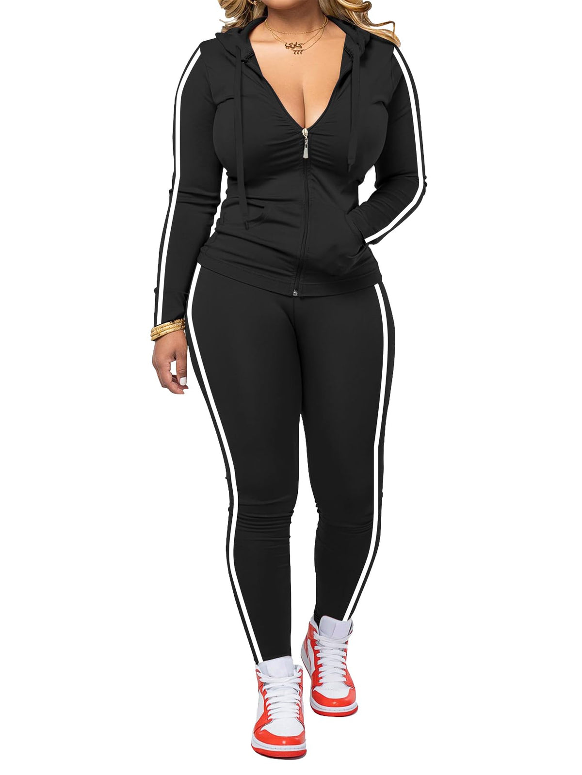 Women's Striped Zip-Up Hoodie and Jogger Pants Set
