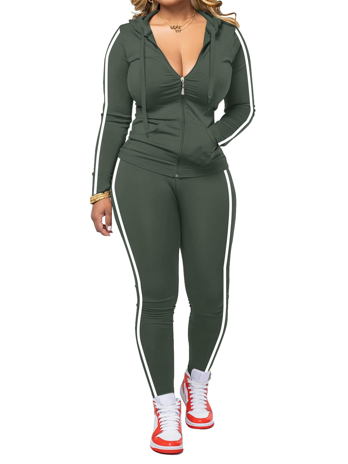 Women's Striped Zip-Up Hoodie and Jogger Pants Set