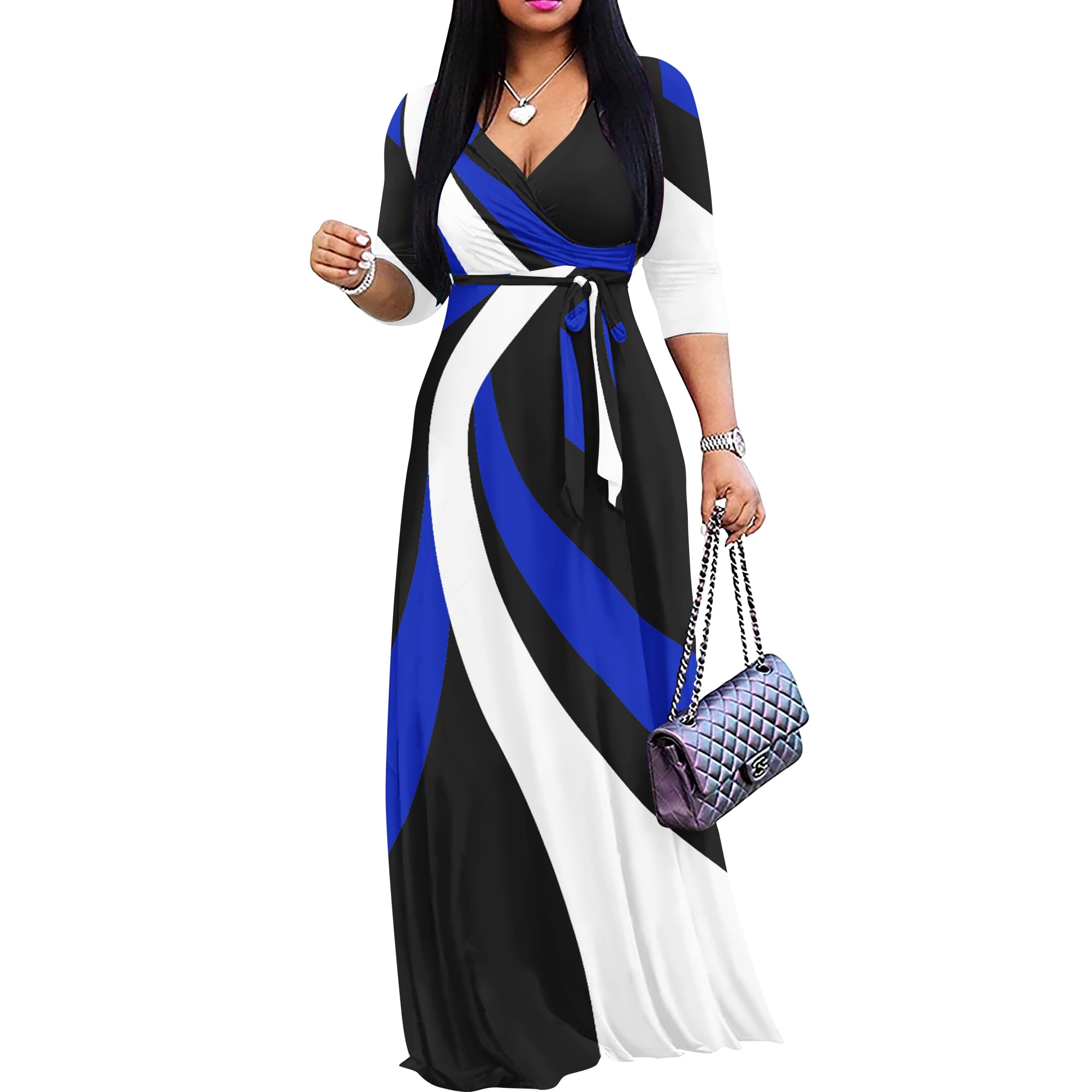 FANDEE Plus Size Maxi Dress for Women – Boho Floral V-Neck 3/4 Sleeve Summer Sundress