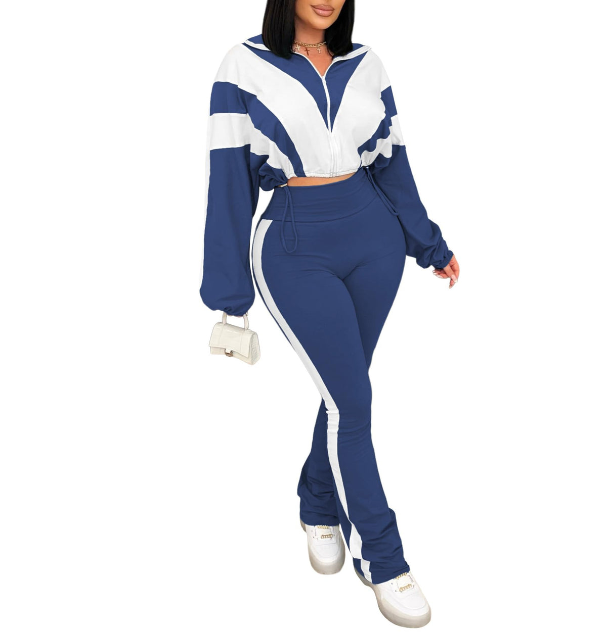 Women's 2 Piece Color Block Zip Jacket and Flare Pants Set