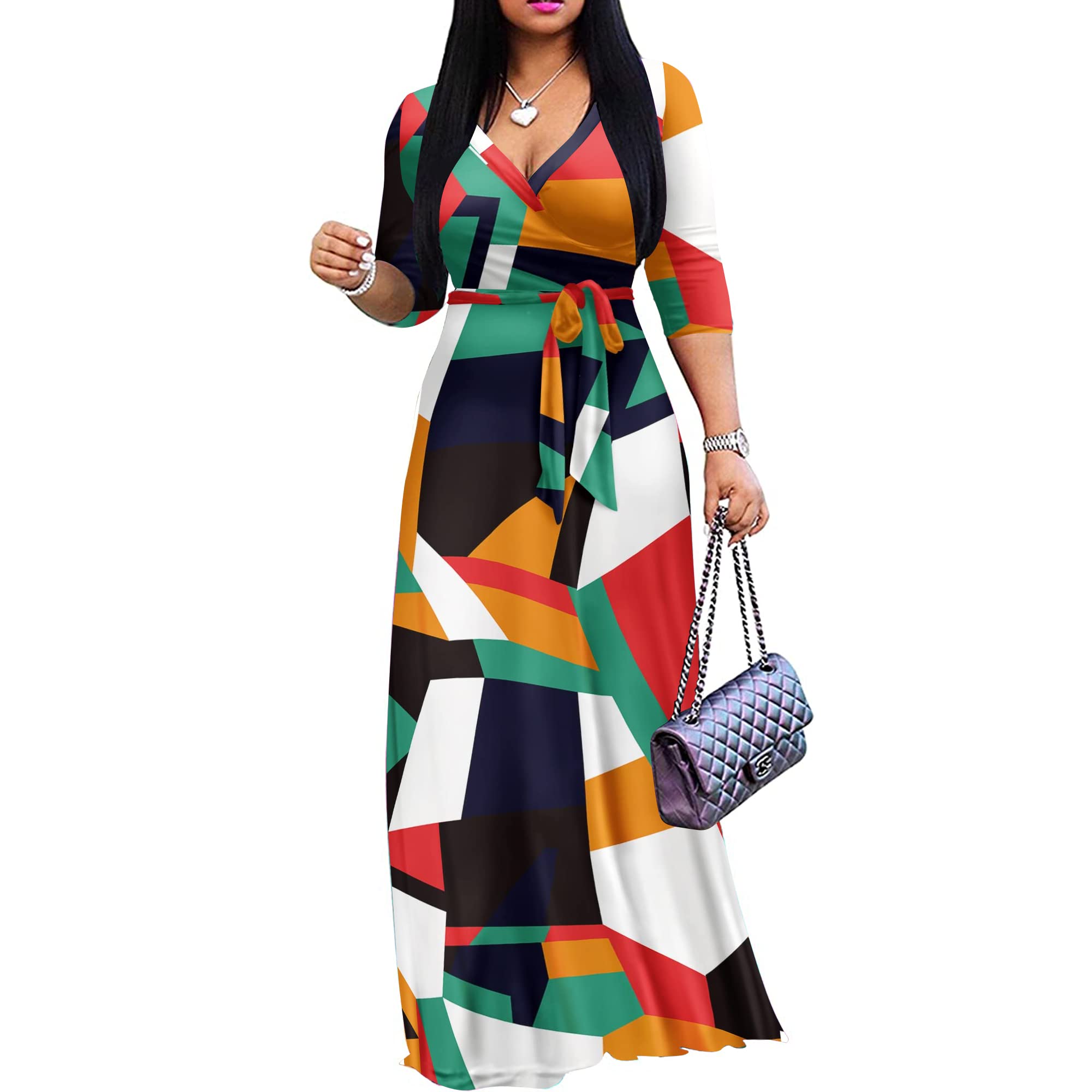 FANDEE Plus Size Maxi Dress for Women – Boho Floral V-Neck 3/4 Sleeve Summer Sundress