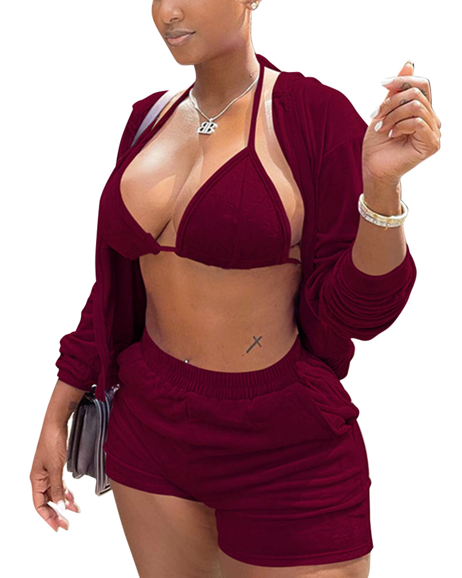 Women's 3-Piece Velvet Tracksuit Set – Hooded Zip Jacket, Bra & Shorts
