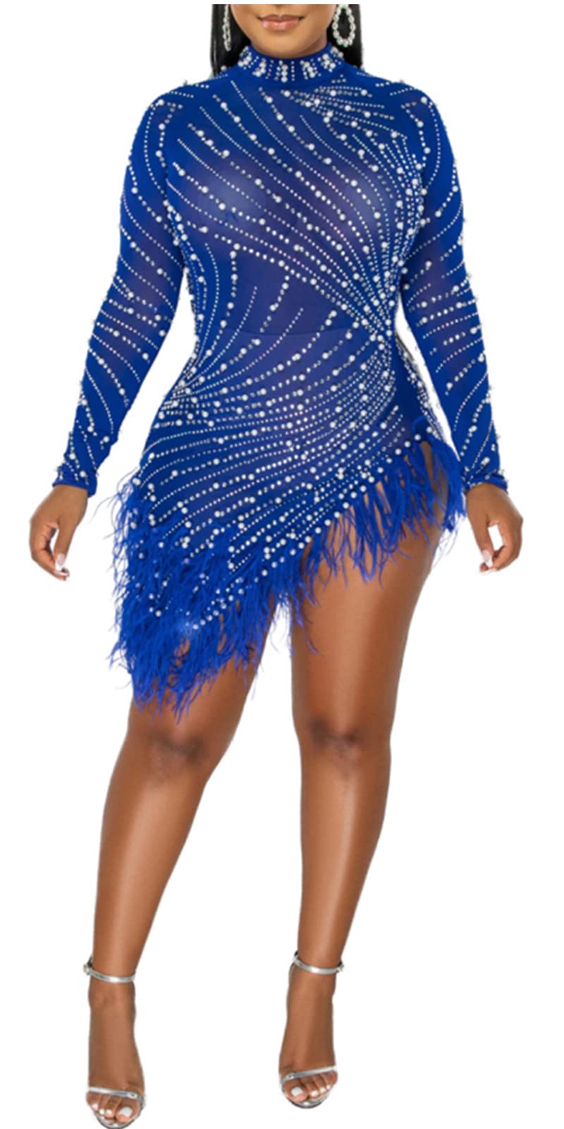 Rhinestone Feather Bodycon Mini Dress - Mesh Sheer Long Sleeve Party Dress