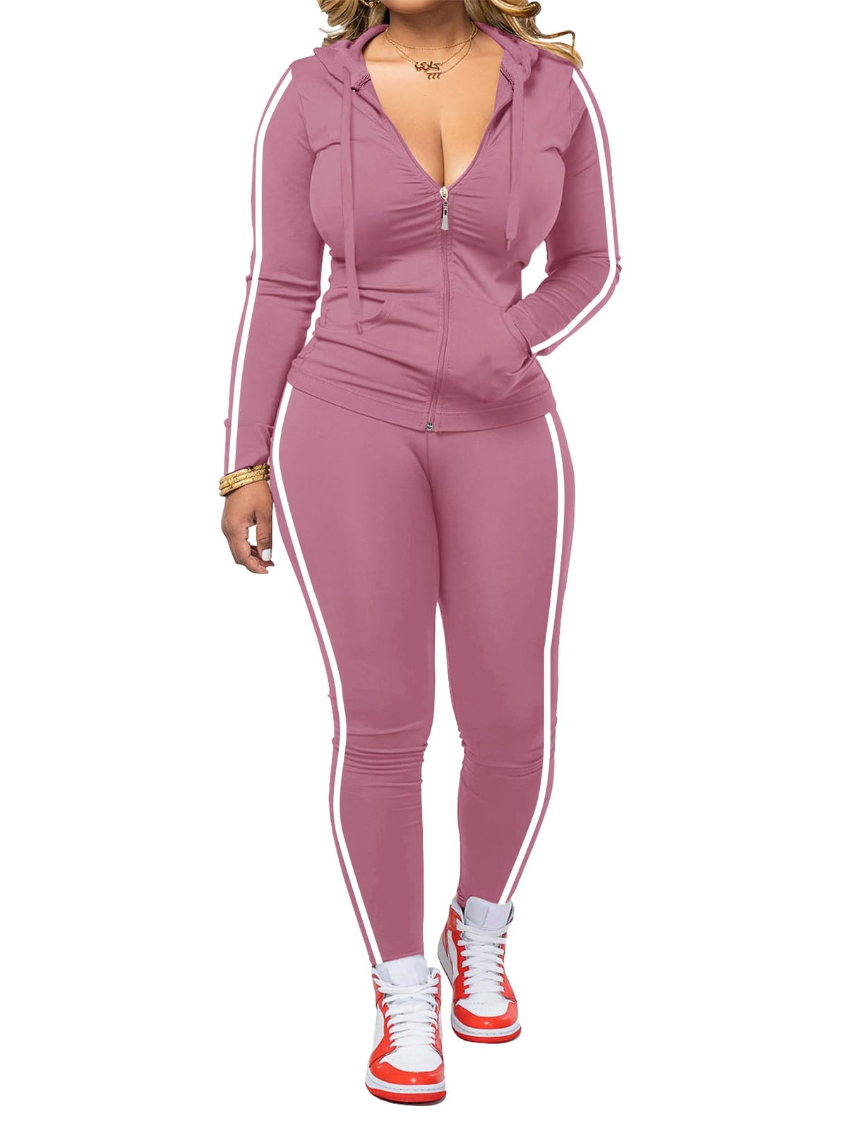 Women's Striped Zip-Up Hoodie and Jogger Pants Set