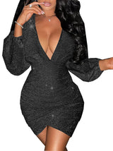 New 2026 Women's Sparkly Sequin Bodycon Dress - Deep V Neck Long Sleeve Party Dress