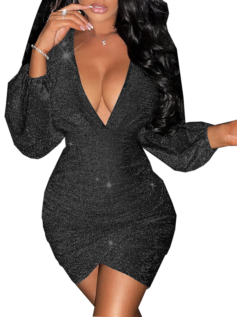 New 2026 Women's Sparkly Sequin Bodycon Dress - Deep V Neck Long Sleeve Party Dress