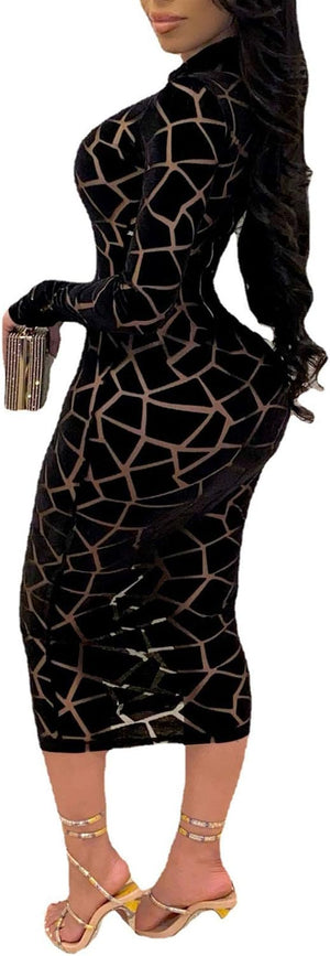 Dazzle in Our Women’s Sexy Sheer Mesh Bodycon Midi Dress - Perfect for Parties and Night Outs!