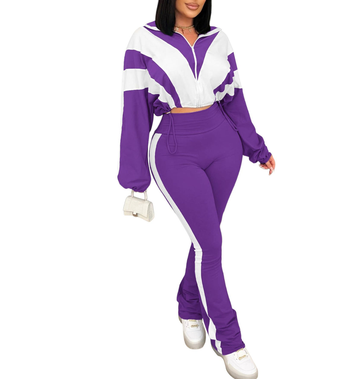 Women's 2 Piece Color Block Zip Jacket and Flare Pants Set
