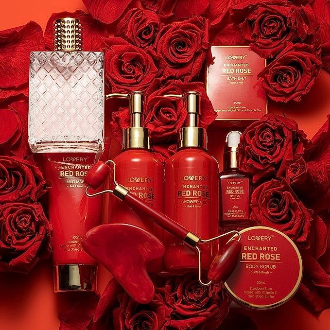 LOVERY Red Rose Luxury Spa Gift Basket – 11-Piece Bath & Body Set with Perfume, Jade Roller & Gua Sha