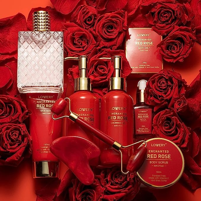 LOVERY Red Rose Luxury Spa Gift Basket – 11-Piece Bath & Body Set with Perfume, Jade Roller & Gua Sha