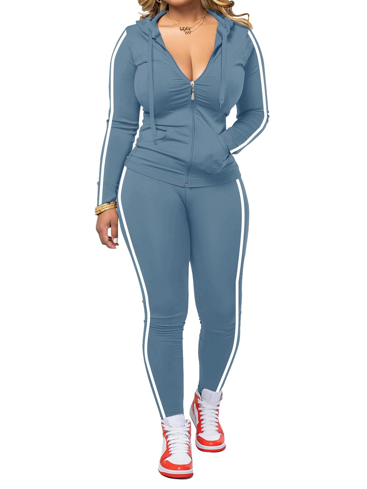 Women's Striped Zip-Up Hoodie and Jogger Pants Set