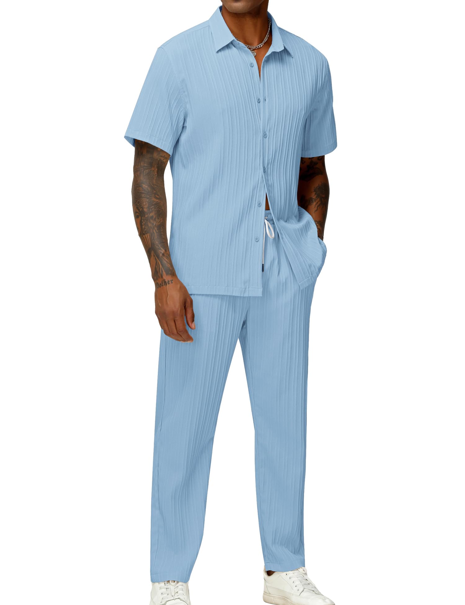 LecGee Men's 2 Piece Vertical Striped Textured Outfits Summer Casual Button Down Shirts And Pants Matching Sets