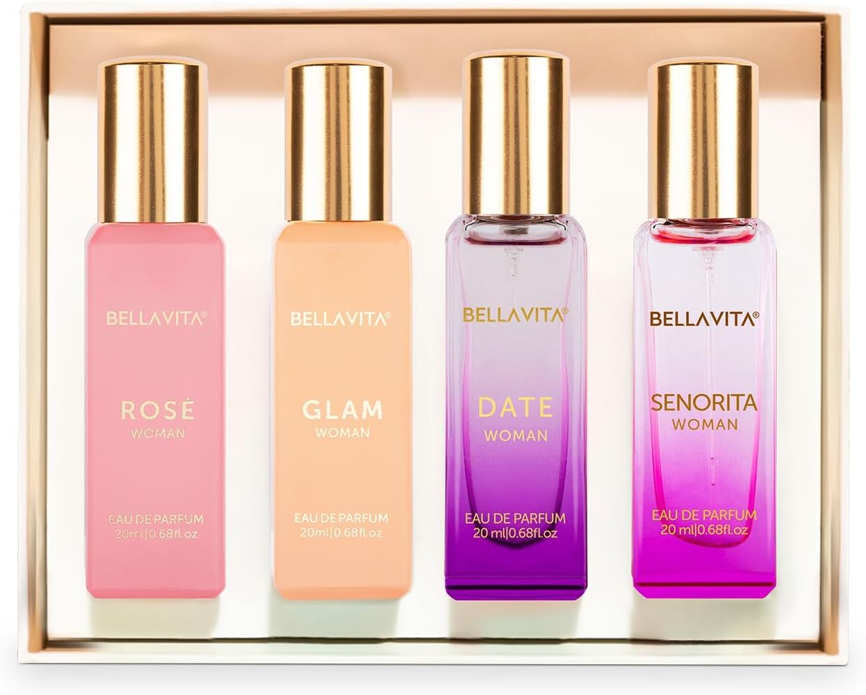BellaVita Luxury Women's Perfume Gift Set – Date, Senorita, Glam & Rose (4x20ml)