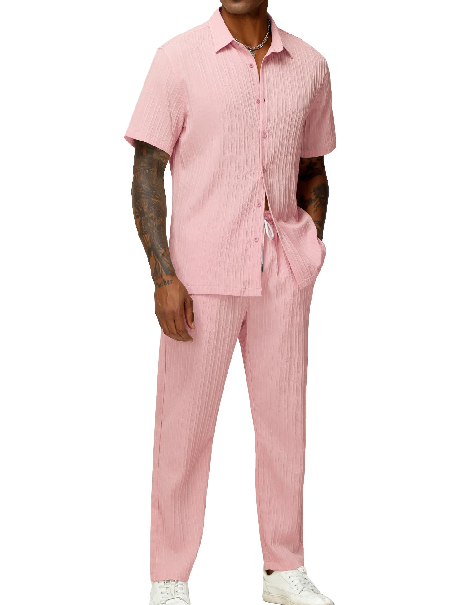 LecGee Men's 2 Piece Vertical Striped Textured Outfits Summer Casual Button Down Shirts And Pants Matching Sets