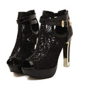 Women's Lace Flower Open Toe High Heel Ankle Boots with Buckle