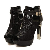 Women's Lace Flower Open Toe High Heel Ankle Boots with Buckle