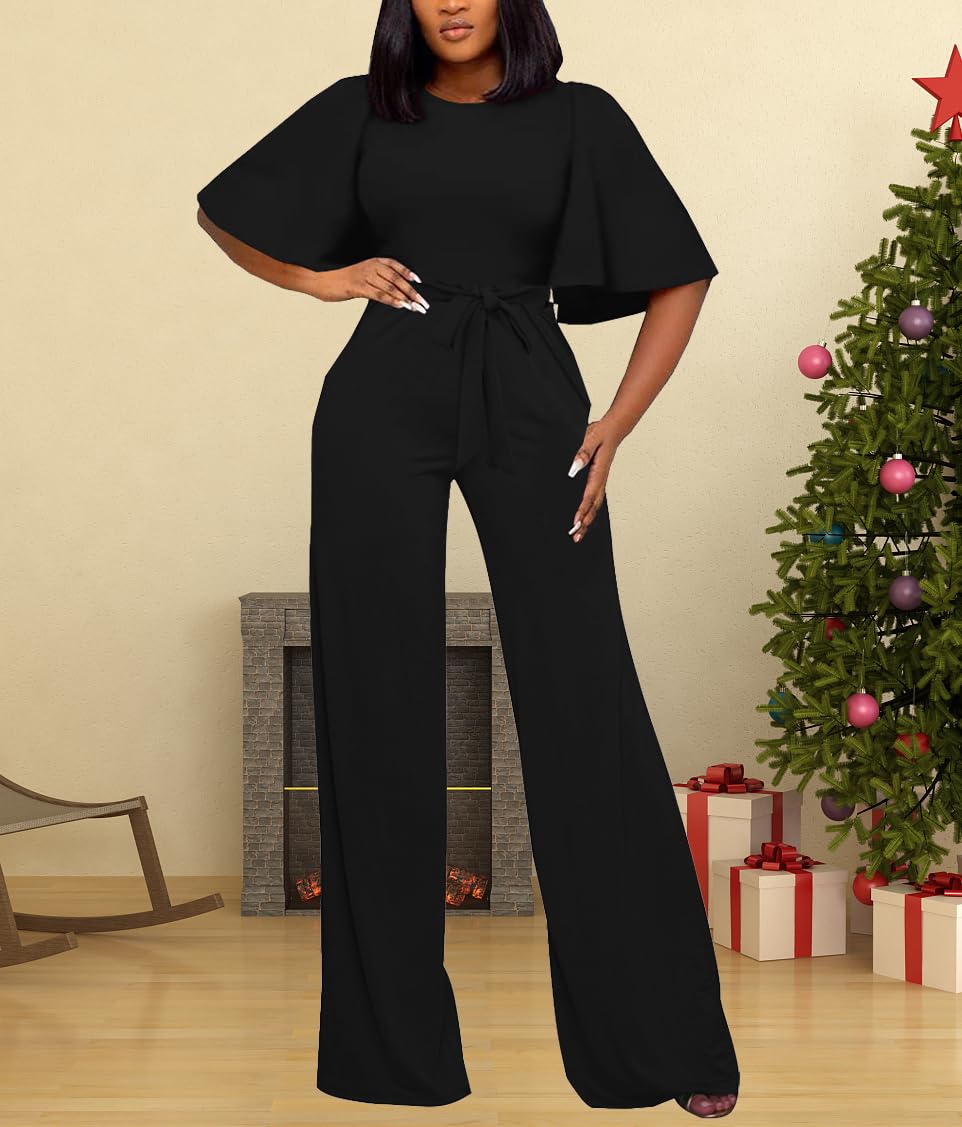 BessCops Womens Loose Short Sleeve Belted Wide Leg Pant Romper Jumpsuit Casual Business One Piece Outfits