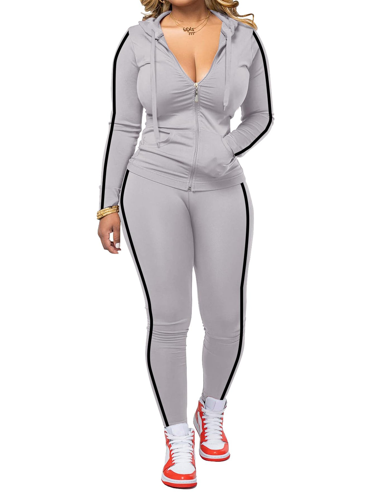 Women's Striped Zip-Up Hoodie and Jogger Pants Set