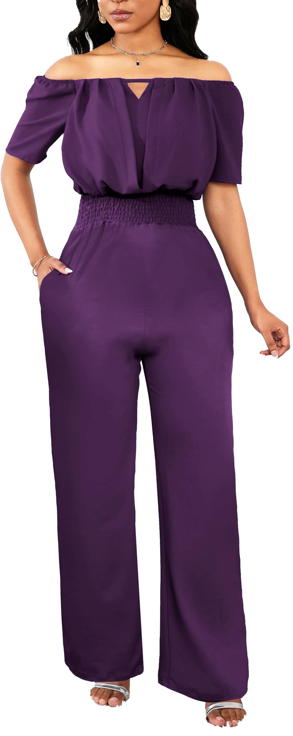 Off the Shoulder Jumpsuit for Women – Elegant Long Pants with Pockets