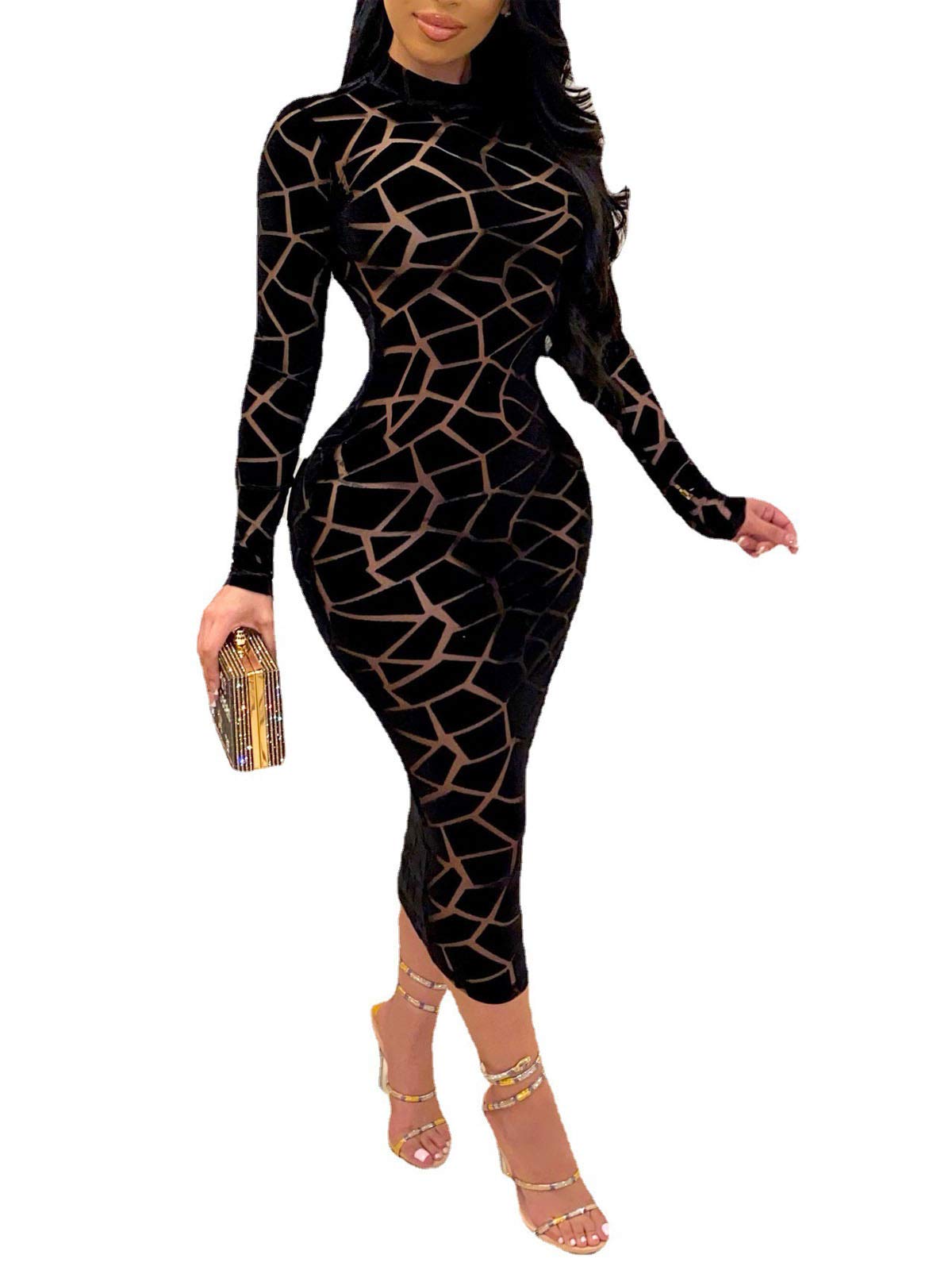 New 2026 Women's Sheer Mesh Bodycon Midi Dress - Printed Long Sleeve Party Dress