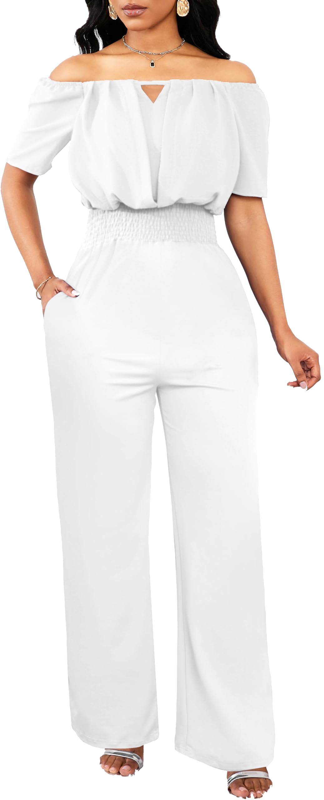 Off the Shoulder Jumpsuit for Women – Elegant Long Pants with Pockets