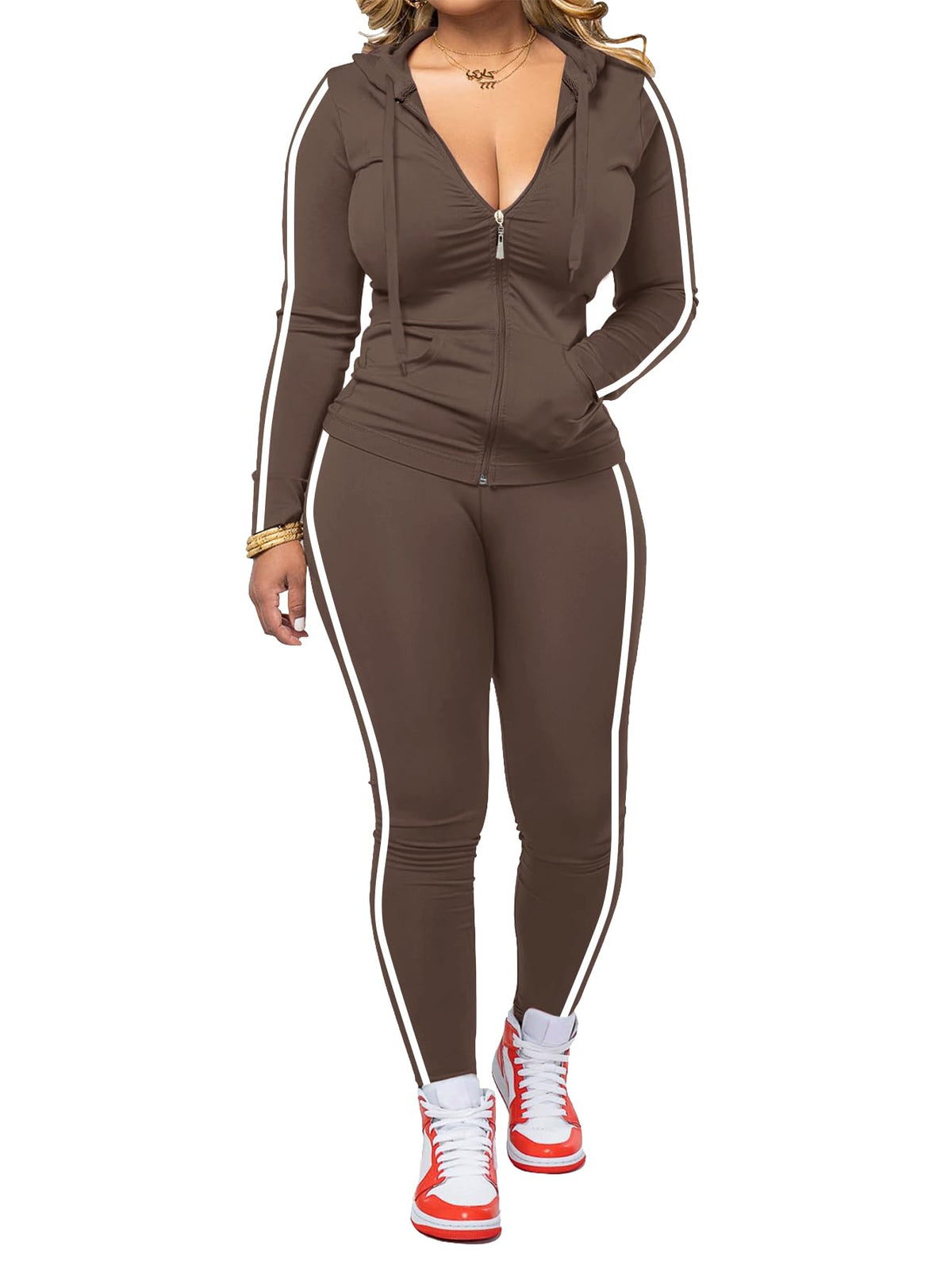 Women's Striped Zip-Up Hoodie and Jogger Pants Set