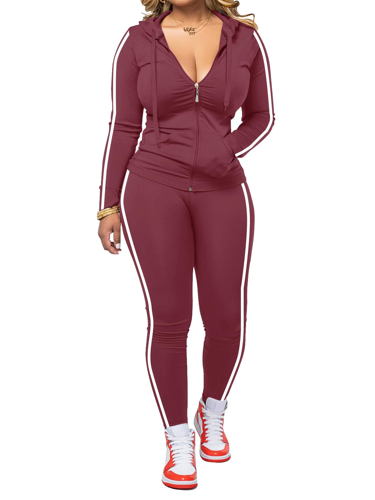 Women's Striped Zip-Up Hoodie and Jogger Pants Set