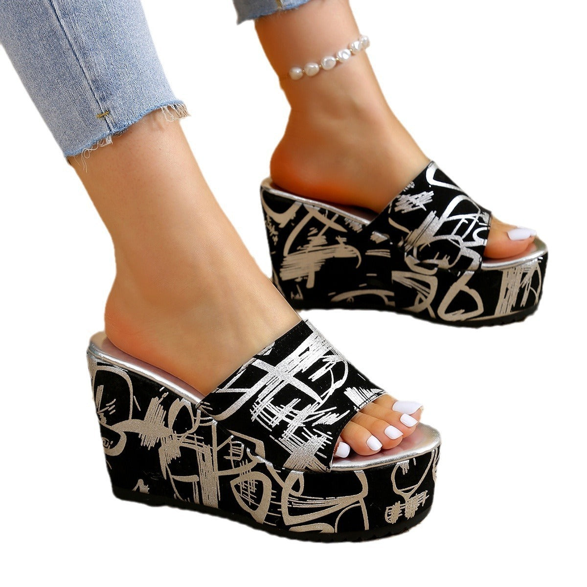 Round Toe Wedge Printed Slippers - Dazzling Beauty Solution